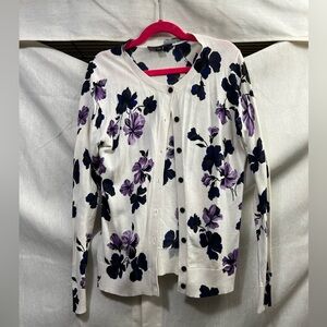 Ann Taylor Women's Floral Cardigan - Cream, Purple, and Blue